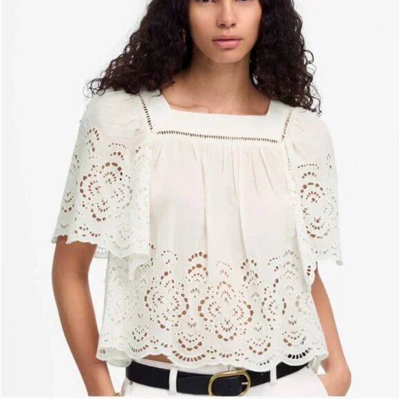 Title: Madewell Eyelet Embroidered Square Neck Flutter Sleeve Top White XS - Picture 1 of 12